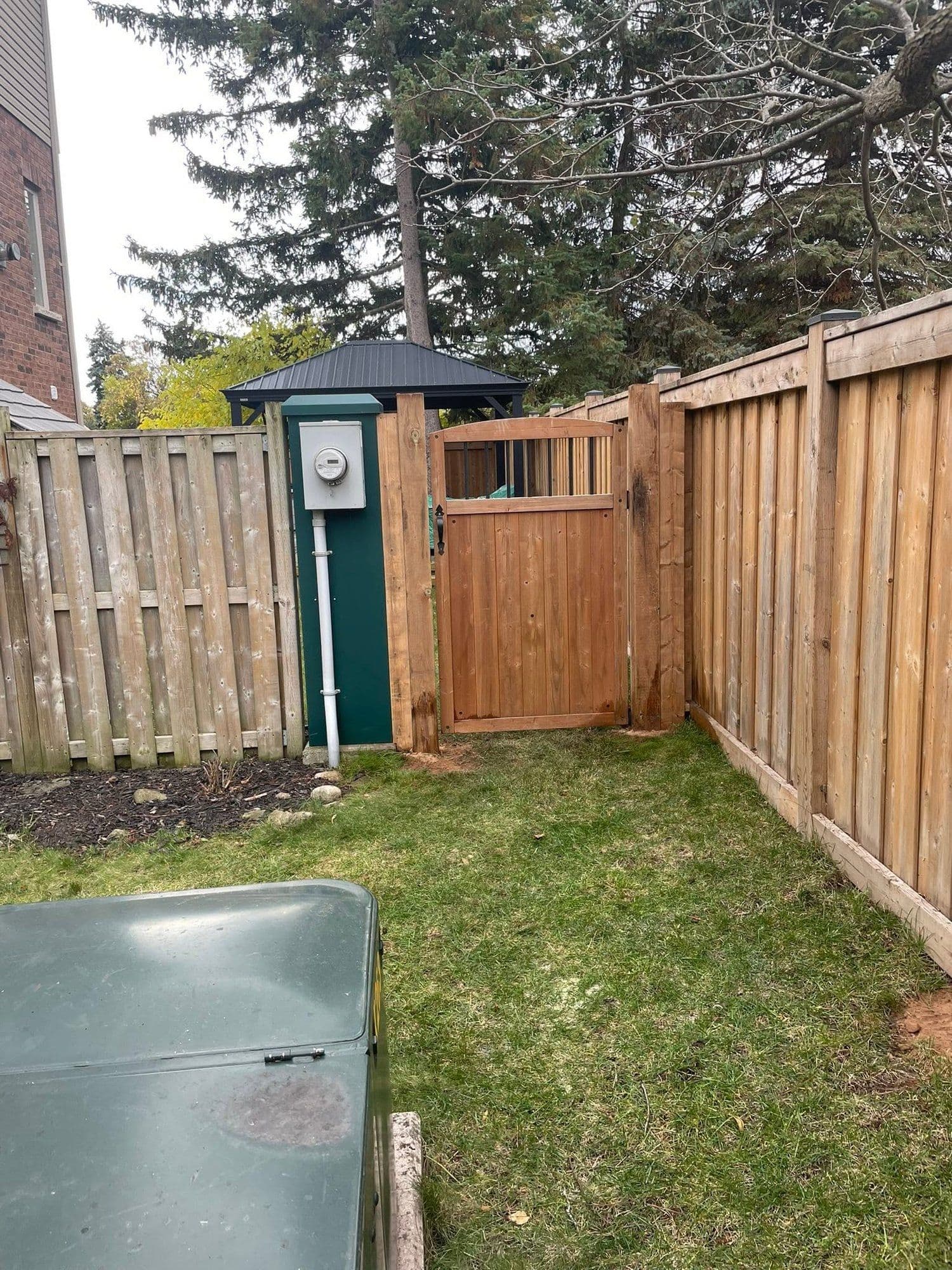 Custom cedar privacy fence with a matching gate in a Hamilton backyard