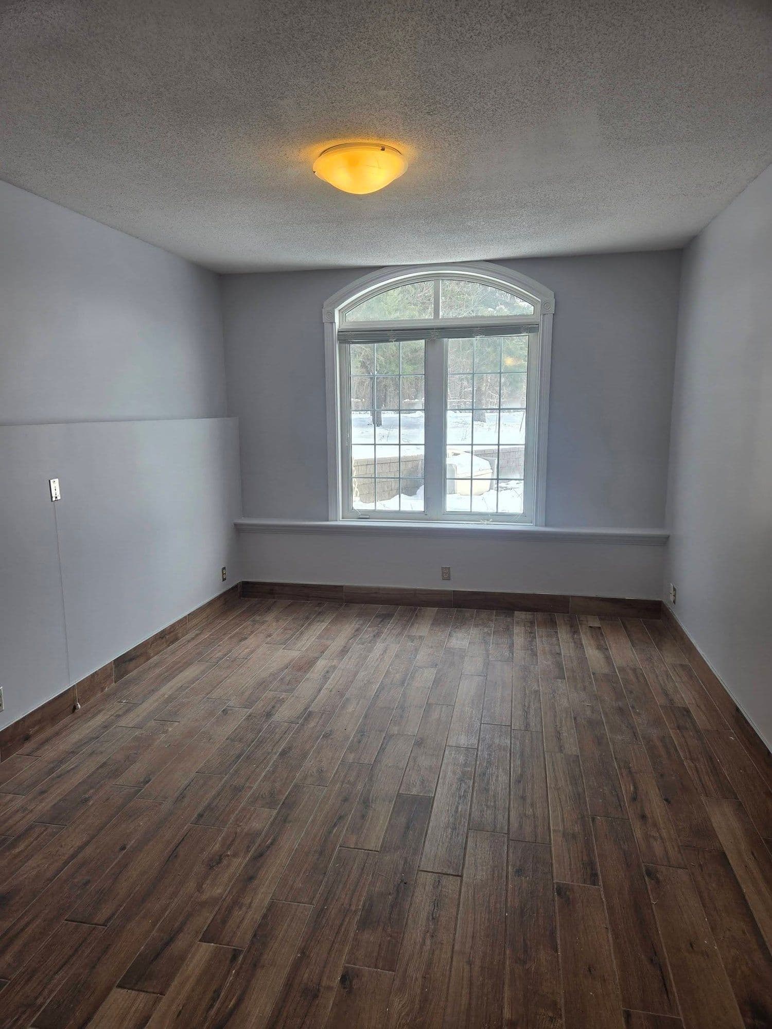 Renovated interior room with new wood-look flooring and a refinished arched window